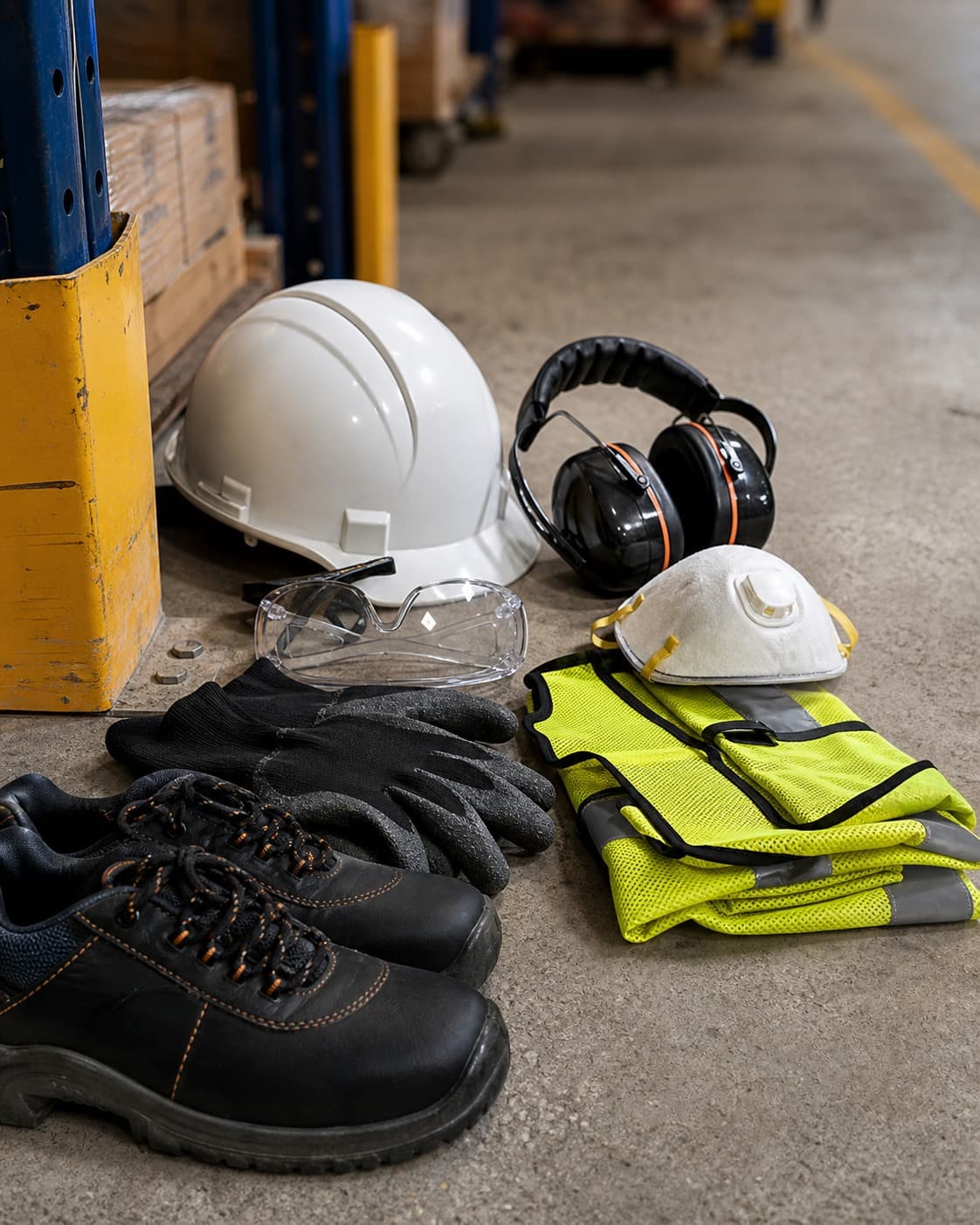 PPE and workwear supplies on a warehouse floor including helmet, boots, gloves, goggles and vest.