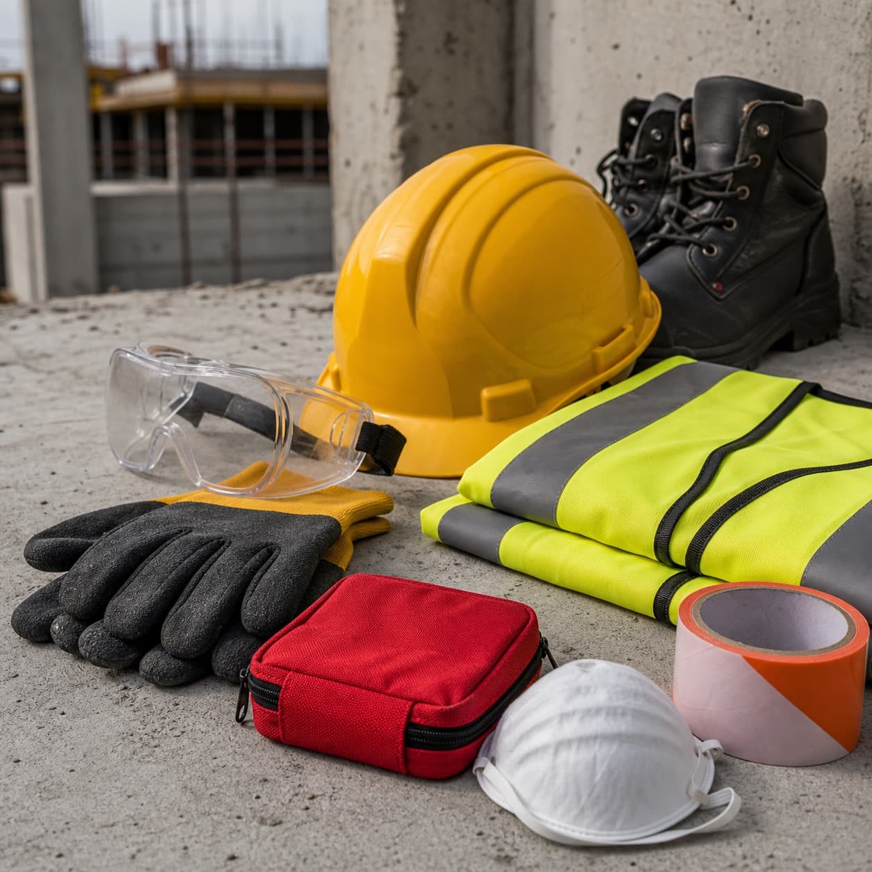 Construction worksite PPE kit on concrete with helmet, gloves, goggles, boots, vest and warning tape.