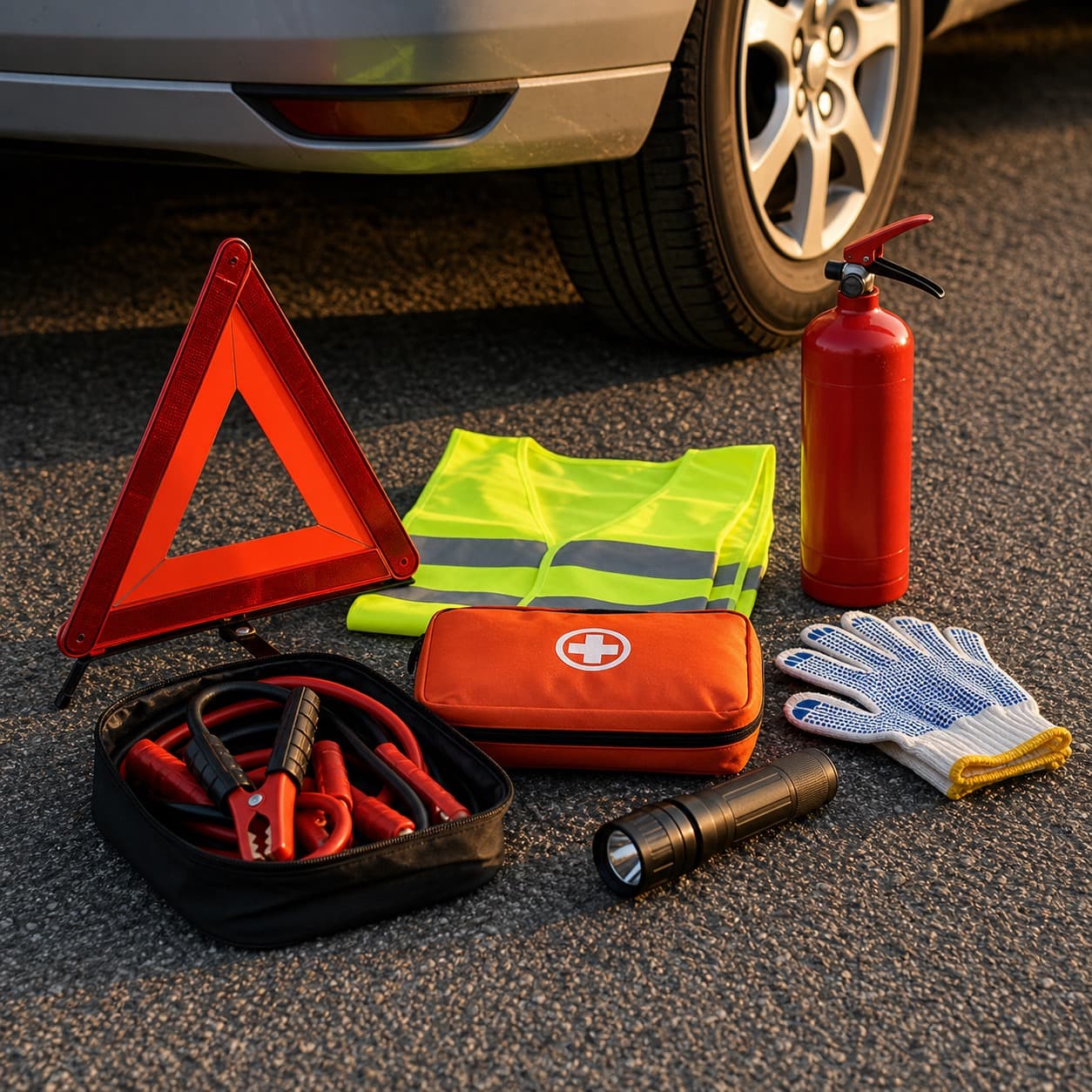 Vehicle emergency kit laid out on asphalt with warning triangle, vest, gloves, torch and first aid pouch.