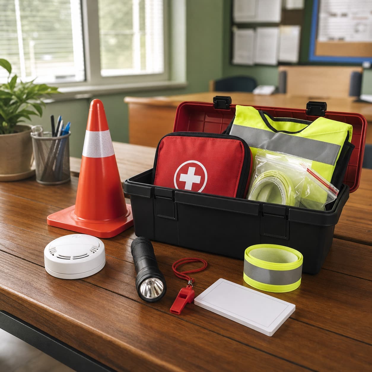 School safety kit on an admin office bench with first aid, cone, reflective bands and emergency supplies.