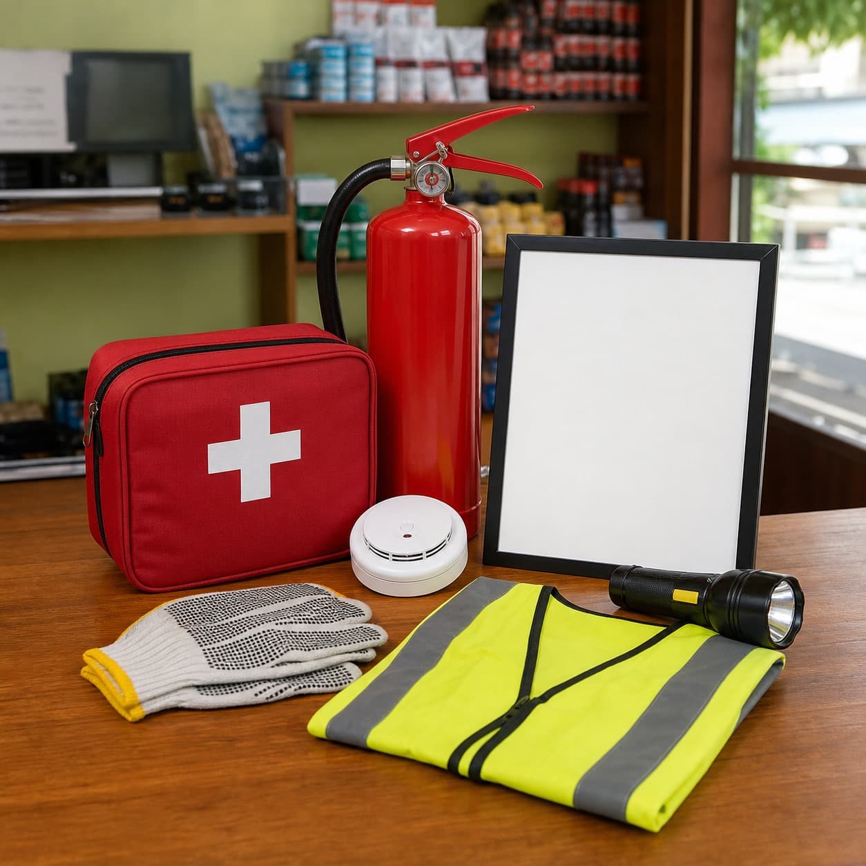 SME safety starter kit on a shop counter with first aid, extinguisher, smoke alarm, torch and vest.