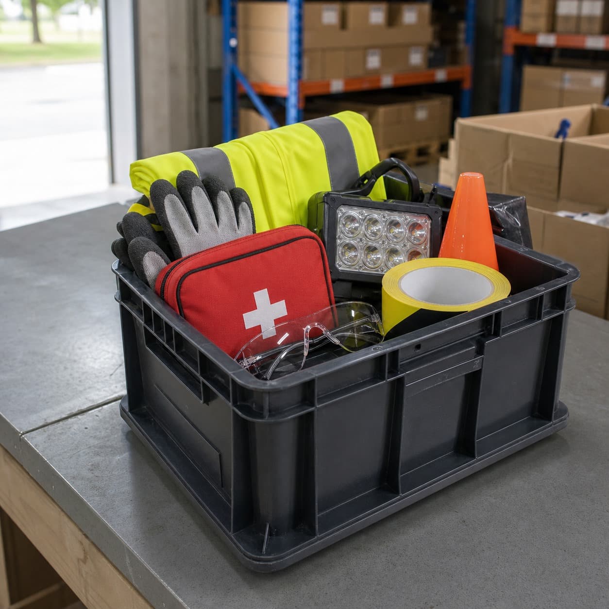 Workplace safety kit packed in a crate with gloves, first aid, reflective vest and floor marking tape.